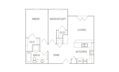 B1 - 2 bedroom floorplan layout with 1 bath and 869 square feet