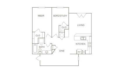 B2 - 2 bedroom floorplan layout with 1 bath and 1039 square feet